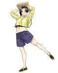  1girl bag bangs black_hair bob_cut breasts brown_eyes carrying_overhead crop_top kimidake kobayakawa_rinko light_smile long_sleeves looking_at_viewer love_plus midriff navel object_on_head on_head parted_bangs short_hair shorts simple_background skinny small_breasts solo standing white_background 