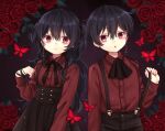  1boy 1girl :o black_hair black_shorts black_skirt bug butterfly closed_mouth collared_shirt earrings facing_viewer flower frown gothic jewelry long_hair long_sleeves looking_at_another looking_at_viewer nail_polish original red_butterfly red_flower red_rose red_shirt rii_(pixiv11152329) rose shirt short_hair shorts siblings single_earring skirt suspender_shorts suspender_skirt suspenders twins 