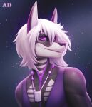  2022 andyd anthro black_nose canid canine clothed clothing digital_media_(artwork) eyebrows eyelashes hair male mammal purple_eyes smile solo white_hair 