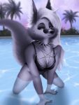  anthro blurred_background breasts canid canid_demon canine canis clothing collar demon detailed_background digital_media_(artwork) eyebrows eyewear female fur grey_body grey_fur hair hand_on_ground hellhound helluva_boss hi_res kneeling long_hair looking_at_viewer loona_(helluva_boss) mammal palms partially_submerged raised_tail red_sclera smile smiling_at_viewer solo spiked_collar spikes stockinger sunglasses swimming_pool swimwear water white_hair wolf 