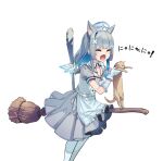  1girl absurdres amane_kanata animal animal_ear_fluff animal_ears apron bangs blush broom cat cat_ears cat_girl cat_tail closed_eyes dress extra_ears fangs feet_out_of_frame grey_dress grey_hair hair_ornament hat highres holding holding_animal holding_cat hololive lanyard longcat_(meme) meme nurse_cap open_mouth pantyhose pyytato short_sleeves simple_background solo tail tail_raised translation_request virtual_youtuber white_apron white_background white_pantyhose x_hair_ornament 