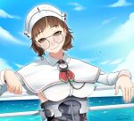  1girl artist_name bangs blue_sky breasts brown_eyes brown_hair closed_mouth commission darkpulsegg english_commentary glasses hat kantai_collection large_breasts lips long_sleeves looking_at_viewer military military_hat military_uniform ocean roma_(kancolle) round_eyewear short_hair sky smile solo uniform upper_body white_headwear 