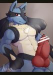  animal_genitalia animal_penis anthro balls big_balls big_penis black_body black_ears black_fur blue_body blue_fur bodily_fluids canine_penis censor_bar censored fur generation_4_pokemon genital_fluids genitals hako hi_res looking_at_viewer low-angle_view lucario male muscular muscular_anthro muscular_male nintendo penis pokemon pokemon_(species) precum red_eyes solo solo_focus spikes spikes_(anatomy) thick_penis vein veiny_penis video_games 