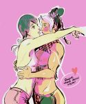  2girls blush braid braided_bun braided_ponytail breasts covered_nipples cowboy_shot double_bun earrings english_text foo_fighters hair_bun heart highres hug jewelry jojo_no_kimyou_na_bouken kujo_jolyne long_hair midriff multiple_girls navel pink_background profile robobesito shadow short_hair simple_background small_breasts speech_bubble stone_ocean yuri 