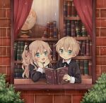  1boy 1girl aqua_eyes blonde_hair book globe hair_ribbon half_updo highres holding holding_book library long_hair matching_outfit original rain reading ribbon rii_(pixiv11152329) short_hair siblings side_ponytail twins window 