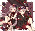  1boy 1girl dress facing_viewer gothic gothic_lolita highres lolita_fashion long_hair looking_at_viewer looking_to_the_side matching_outfit nail_polish original purple_eyes purple_hair rii_(pixiv11152329) short_hair siblings sitting twins twintails umbrella 