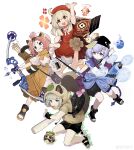  4girls absurdres animal_ear_fluff animal_ears arm_up arrow_(projectile) backpack bag bangs baseball_bat baton_(weapon) beanie beret black_footwear black_headwear black_shorts book boots bow bow_(weapon) bowtie brown_hoodie buruma cat_ears cat_girl cat_tail chinese_clothes closed_mouth clothes_around_waist compound_bow daruma_doll diona_(genshin_impact) dodoco_(genshin_impact) drawing_bow dress drone ears_through_headwear expressionless fingerless_gloves floating floating_book floating_object genshin_impact gloves green_eyes grey_hair hair_ornament hat highres holding holding_bow_(weapon) holding_weapon hood hood_up hoodie klee_(genshin_impact) layered_dress leaf leaf_on_head long_hair menthako multiple_girls neck_ribbon open_mouth pink_dress pink_eyes pink_hair purple_hair qiqi_(genshin_impact) quiver raccoon_ears raccoon_girl raccoon_tail red_dress red_eyes red_headwear ribbon sandals sayu_(genshin_impact) shirt short_sleeves shorts shoulder_bag simple_background smile tail thermos thick_eyebrows toeless_footwear toes tongue tongue_out topknot v-shaped_eyebrows weapon weibo_username white_background 