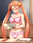  1girl absurdres angry bell blush book bow bow_bra bow_panties bra breasts closed_eyes embarrassed highres holding holding_book kagurazaka_asuna lace lace_bra lace_panties mahou_sensei_negima! navel orange_hair panties solo stomach twintails underwear zanntetu 