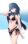  1girl alternate_costume bangs bikini black_bikini black_cape blue_eyes blue_hair blush breasts byleth_(fire_emblem) byleth_(fire_emblem)_(female) byleth_(summer)_(fire_emblem)_(female) cape cleavage commentary_request fire_emblem fire_emblem:_three_houses fire_emblem_heroes flower hair_between_eyes hair_flower hair_ornament hand_in_own_hair hibiscus highres komurice long_hair looking_at_viewer medium_breasts navel official_alternate_costume parted_lips red_flower sheath sheathed short_sword solo stomach swimsuit sword twitter_username weapon wet wet_hair 