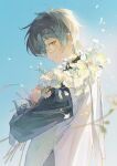  1boy absurdres bangs black_shirt blue_hair blue_sky bouquet cape capelet commentary day earclip earrings eyelashes eyewear_strap falling_petals flower glasses glint gradient_hair grey_hair hair_between_eyes head_tilt highres holding holding_bouquet ike_eveland jewelry long_sleeves looking_at_viewer looking_to_the_side male_focus multicolored_hair nijisanji nijisanji_en outdoors parted_lips petals shirt short_hair sidelighting sky smile solo upper_body virtual_youtuber white_flower yandee233 