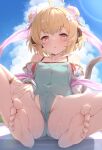  2021 andira_(granblue_fantasy) animal_humanoid blonde_hair bodily_fluids camel_toe clothed clothing feet female granblue_fantasy hair hi_res humanoid humanoid_feet kimblee_(artist) mammal mammal_humanoid monkey_humanoid primate primate_humanoid solo spread_legs spreading sweat young 