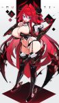  1girl armor bangs breasts cleavage demon_horns detached_sleeves faux_figurine full_body garter_straps highres horns huge_breasts long_hair looking_at_viewer mamuru mecha_musume navel open_mouth original purple_eyes red_eyes slit_pupils smile solo thighhighs undersized_breast_cup white_background 