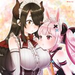  2girls animal_ears bare_shoulders black_bow black_hair bow breasts closed_mouth commentary demon_girl demon_horns demon_wings detached_sleeves flat_chest freckles frilled_shirt frills gradient gradient_background hair_ornament hair_over_one_eye hairclip highres horns indie_virtual_youtuber itou_life_(vtuber) large_breasts long_hair looking_at_another maid_headdress minatsuki_lisa multicolored_background multicolored_hair multiple_girls orange_hair pink_hair pout rabbit_ears rabbit_girl rabbit_tail red_bow shiny shiny_hair shirt tail thick_eyebrows tomari_mari twintails two-tone_hair virtual_youtuber wings 