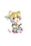  1boy :o animal_ears azuma_kazamori blonde_hair blue_eyes blue_hair bow bowtie butterfly_sitting cat_boy cat_ears fang gradient highres kagamine_len kemonomimi_mode knees_apart_feet_together looking_at_viewer magical_mirai_(vocaloid) magical_mirai_len magical_mirai_len_(2018) male_focus necktie on_ground open_mouth pink_bow pink_bowtie pink_hair short_necktie short_ponytail simple_background sitting solo vocaloid white_background yellow_necktie 
