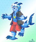  2017 4_toes 5_fingers alternate_species anthro arm_fins arm_markings bite black_clothing black_shirt black_topwear blue_background blue_body blue_claws blue_fin blue_fur blue_horn bottomwear buwaro_elexion claw_fingers claws clothed clothing ear_bite ear_piercing facial_markings feet fin fingers fish fur green_background hair head_markings horn hybrid jewelry leg_markings looking_at_viewer lutrine male mammal marine markings mustelid necklace open_clothing open_shirt open_topwear piercing red_bottomwear red_clothing red_eyes red_shorts shark sharp_teeth shirt shorts signature simple_background slightly_damned smile smiling_at_viewer solo star tail_markings teeth the-chu toe_claws toes topwear water_demon webcomic weblink white_hair white_markings 