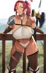  1girl absurdres axe bad_id bad_twitter_id bangs bare_shoulders battle_axe bikini breasts collarbone highleg highleg_bikini highres large_breasts long_hair looking_at_viewer navel original ponytail red_eyes red_hair smile solo swimsuit thighhighs thighs weapon white_bikini yoshio_(55level) 