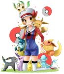  1girl blue_overalls bow brown_eyes brown_hair cabbie_hat d: eevee espeon flareon glaceon grass hat hat_bow highres iroen jolteon leafeon long_hair lyra_(pokemon) overalls poke_ball pokemon pokemon_(game) pokemon_hgss red_bow red_footwear red_shirt shirt shoes thighhighs transparent_background twintails umbreon vaporeon white_headwear yellow_bag 