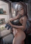  1girl absurdres bottle bottomless breasts can commentary finger_to_mouth food grey_eyes grey_hair grey_tank_top highres holding holding_can indoors long_hair medium_breasts original refrigerator refrigerator_interior shelf shushing soleil_(soleilmtfbwy03) symbol-only_commentary tank_top towel towel_on_head 