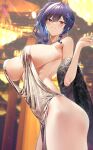  1girl absurdres azur_lane bare_shoulders blue_hair blurry blurry_background breasts chandelier dress earrings evening_gown feather_boa grin hair_ornament hand_up highres hiiragi_yuuichi jewelry large_breasts looking_at_viewer necklace official_alternate_costume parted_lips plunging_neckline red_eyes revealing_clothes side_ponytail sideboob silver_dress smile solo st._louis_(azur_lane) st._louis_(luxurious_wheels)_(azur_lane) thighs 