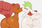  arteficialtrees bedroom_eyes brown_body butt duo female female/female feral generation_1_pokemon generation_4_pokemon hi_res kissing legendary_pokemon narrowed_eyes nintendo pokemon pokemon_(species) seductive shaymin simple_background sky_forme_shaymin video_games vulpix white_background white_body 