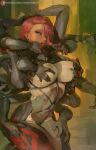  1girl bangs blue_eyes blush bodysuit breasts covered_nipples cutesexyrobutts cyborg extra_arms hair_over_one_eye highres large_breasts looking_at_viewer metal_gear_(series) metal_gear_rising:_revengeance mistral_(metal_gear_rising) open_mouth red_hair solo thighs 