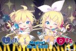  1boy 1girl ;3 ahoge black_sleeves blonde_hair blue_bow blue_eyes bow bow_hairband chibi detached_sleeves fang frilled_shirt frills full_body green_eyes hair_between_eyes hair_bow hairband highres holding holding_megaphone horn_speaker kagamine_len kagamine_rin leg_up magical_mirai_(vocaloid) magical_mirai_len magical_mirai_len_(2018) magical_mirai_rin magical_mirai_rin_(2018) megaphone midriff_peek minazuki_lein multicolored_eyes navel neckerchief necktie one_eye_closed open_mouth orange_bow orange_shorts pink_bow puffy_shorts sailor_collar sailor_shirt shirt short_sleeves shorts sleeveless sleeveless_shirt standing standing_on_one_leg v-shaped_eyebrows v_over_eye vocaloid white_bow white_hairband white_shirt yellow_bow yellow_neckerchief yellow_necktie yellow_shorts 