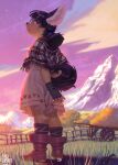  2017 anthro aruurara backlighting boots brown_hair canid canine clothing dress eyewear female fence fingerless_gloves footwear fur glasses gloves hair hands_behind_back handwear hay hi_res kemono light lighting looking_offscreen mammal meme_(aruurara) morning mountain scenery shawl socks solo star tan_body tan_fur wagon young 