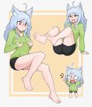  1girl absurdres ahoge animal_ears arm_support bare_legs bike_shorts blue_hair blush border breasts cat_girl chibi closed_mouth commission english_commentary fang feet feet_up full_body green_hoodie grey_border hands_up highres hood hoodie invisible_chair knees_up legs long_hair long_sleeves looking_to_the_side medium_breasts multiple_views open_mouth original pink_eyes pout self_fondle sitting softhanten soles toes 