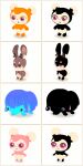  1:2 absurd_res ambiguous_gender anthro black_body black_fur blue_body blue_fur blue_hair cocone cornu_lepus_(livly) countershading feral fur group hair hi_res livly_(species) momoth_(livly) neo_pygmy_(livly) orange_body orange_fur pink_hair pink_inner_ear pygmy_2021_(livly) semi-anthro simple_background tan_body tan_countershading 