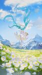  1girl absurdly_long_hair absurdres aqua_hair basket blue_sky blurry cloud cloudy_sky daisy day depth_of_field dress field floating_hair flower flower_field footwear_ribbon frilled_dress frills from_behind grass hat hat_removed hat_ribbon hatsune_miku headwear_removed highres holding holding_basket jumping long_hair mountain outdoors picnic_basket platform_footwear ribbon rumoon sky solo sun_hat sundress thighhighs twintails very_long_hair vocaloid white_dress white_flower white_footwear white_headwear white_thighhighs wind 