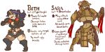  2018 anthro armor bandage barefoot belt belt_buckle big_breasts blue_eyes boots breasts cleavage clothed clothing duo english_text feet female footwear gauntlets gloves greaves gynomorph hair handwear hyaenid intersex jinti_(artist) mammal multicolored_hair pauldron ponytail purple_hair sara_(spottyreception) shield spots teeth text torn_clothing under_boob 