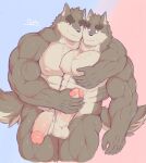  abs anthro biceps canid darkai duo erection genitals hand_on_chest hand_on_penis hand_over_shoulder hi_res male male/male mammal muscular muscular_anthro muscular_male muscular_thighs pecs penis sibling smile twins vein 