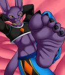  2022 5_toes abs absurd_res anthro bed beerus claws clothing crop_top cyborg-steve deity dragon_ball dragon_ball_super feet felid feline foot_focus furniture hi_res humanoid_feet low_waisted_pants male mammal shirt soles solo toes topwear ych 