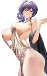  1girl absurdres azur_lane bare_shoulders blue_hair breasts dress earrings evening_gown feather_boa grin hair_ornament hand_up highres hiiragi_yuuichi jewelry large_breasts looking_at_viewer necklace official_alternate_costume parted_lips plunging_neckline red_eyes revealing_clothes side_ponytail sideboob silver_dress simple_background smile solo st._louis_(azur_lane) st._louis_(luxurious_wheels)_(azur_lane) thighs white_background 
