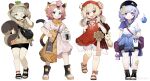  4girls :o absurdres animal_ear_fluff animal_ears anklet backpack bag bangs bell beret black_headwear black_shorts bloomers blunt_bangs blush boots bow bowtie brown_hair brown_hoodie cat_ears cat_girl cat_tail chinese_clothes closed_mouth clothes_around_waist cup diona_(genshin_impact) disposable_cup dodoco_(genshin_impact) dress ears_through_headwear fingerless_gloves genshin_impact gloves green_eyes grey_eyes grey_hair hair_ornament hands_on_hips hat highres holding holding_cup holding_own_tail hood hood_up hoodie jewelry jingle_bell klee_(genshin_impact) layered_dress leaf leaf_on_head long_hair looking_at_viewer menthako multiple_girls neck_ribbon ofuda open_mouth pink_dress pink_eyes pink_hair pointing purple_hair qiqi_(genshin_impact) raccoon_ears raccoon_girl raccoon_tail red_eyes red_headwear ribbon rubbing_eyes sandals sayu_(genshin_impact) see-through shirt short_hair short_sleeves shorts shoulder_bag sidelocks simple_background smile standing strapless strapless_dress tail thermos thick_eyebrows toeless_footwear toes topknot underwear weibo_username white_background 