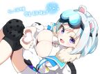  1girl :d animal_ears bear_ears blue_hair breasts cleavage cleavage_cutout clothing_cutout commentary_request feet_out_of_frame fur-trimmed_jacket fur_trim goggles goggles_on_head grey_hair heart heart_hands highres indie_virtual_youtuber jacket knee_pads knees_together_feet_apart knees_up korean_commentary korean_text kutata large_breasts long_sleeves multicolored_hair open_clothes open_jacket puffy_long_sleeves puffy_sleeves purple_eyes shiromi_(vtuber) shirt simple_background smile solo translation_request two-tone_hair virtual_youtuber white_background white_jacket white_shirt 