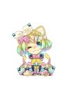  1girl animal_ears arm_support azuma_kazamori black_sleeves blonde_hair blue_bow blue_hair bow braid cat_ears cat_girl chibi colored_inner_hair detached_sleeves grin hair_bow highres kagamine_rin kemonomimi_mode looking_at_viewer magical_mirai_(vocaloid) magical_mirai_rin_(2018) multicolored_hair on_ground one_eye_closed pink_bow simple_background sitting sleeves_past_wrists smile solo vocaloid wariza white_background white_bow yellow_bow 