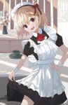  :d akatsuki_(m12778387) alternate_costume apron black_dress blonde_hair bow breasts clothes_lift cowboy_shot dress enmaided hair_bow hand_on_hip head_tilt highres large_breasts lifted_by_self lycoris_recoil maid maid_apron maid_headdress nishikigi_chisato open_mouth puffy_short_sleeves puffy_sleeves red_bow red_eyes short_hair short_sleeves skirt skirt_lift smile wrist_cuffs 