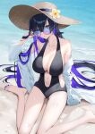  1girl beach black_one-piece_swimsuit breasts cleavage closed_mouth earrings full_body hat highres jewelry kitsune_ncv long_hair long_sleeves looking_at_viewer nail_polish navel one-piece_swimsuit open_clothes open_shirt original outdoors petals purple_eyes purple_hair purple_nails sand shirt signature sitting solo sun_hat sunglasses swimsuit toenail_polish toenails wariza water white_shirt 