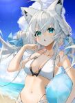  1girl ahoge animal_ear_fluff animal_ears ball bangs beach beachball bikini blue_eyes braid breasts day fox_ears gotou_(nekocat) hair_between_eyes highres holding holding_ball holding_beachball hololive long_hair medium_breasts outdoors shirakami_fubuki solo swimsuit upper_body virtual_youtuber white_bikini white_hair 