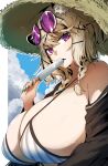  1girl animal_ears arknights breasts fang food gin_moku green_nails hair_ornament hairclip hat highres large_breasts looking_at_viewer open_mouth popsicle purple_eyes sideboob straw_hat sunglasses sweat swimsuit upper_body utage_(arknights) utage_(summer_flowers)_(arknights) 