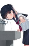  1girl black_hair black_skirt blush bow braid brown_eyes commentary embarrassed faucet highres leaning_forward na-ga original red_bow school_uniform short_hair simple_background sink skirt solo water water_drop 