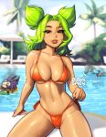  1boy 2girls alternate_costume artist_name bangs bare_shoulders bikini blonde_hair blushyspicy breasts cleavage collarbone commentary day highres large_breasts league_of_legends looking_at_viewer multiple_girls nami_(league_of_legends) navel outdoors pool red_bikini smile solo_focus stomach swimsuit teeth twintails zeri_(league_of_legends) 