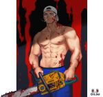  1boy artist_name backwards_hat baseball_cap black_hair blood blood_on_clothes blood_on_face blood_on_hands blue_pants chainsaw cigarette hat highres holding holding_chainsaw large_pectorals male_focus muscular muscular_male odol_illust original pants pectorals short_hair smoking solo topless_male visor 