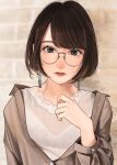  1girl bangs blush bob_cut brown_eyes brown_hair brown_jacket earrings glasses hand_up highres jacket jewelry lace lace_trim lips lipstick long_sleeves looking_at_viewer makeup open_clothes open_jacket original parted_lips round_eyewear saitou_(lynx-shrike) shirt short_hair solo wall white_shirt 