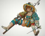  1girl absurdres armor asymmetrical_legwear blue_eyes body_freckles breasts choker cleavage dagger elf flats freckles full_body gloves greaves halberd hat highres history knife landsknecht long_sleeves medium_breasts mismatched_legwear mossacannibalis original pointy_ears polearm puffy_long_sleeves puffy_sleeves renaissance renaissance_clothes ribbon_choker short_hair shorts single_greave sitting solo striped thick_eyebrows thighs vertical_stripes weapon white_background white_footwear 