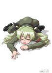  1girl absurdres anchovy_(girls_und_panzer) anzio_military_uniform black_footwear black_ribbon boots closed_eyes dated drill_hair drops_mint girls_und_panzer green_hair green_jacket green_pants hair_ribbon highres jacket knee_boots long_hair lying on_stomach pants ribbon simple_background solo twin_drills twintails twitter_username white_background 
