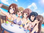  5girls bang_dream! beach bikini blonde_hair blue_eyes blue_hair blush breasts brown_eyes brown_hair cleavage dark_blue_hair hanazono_tae highres ichigaya_arisa large_breasts lens_flare long_hair multiple_girls noshimurin open_mouth poppin&#039;party purple_eyes shaved_ice sitting sky smile striped striped_bikini swimsuit toyama_kasumi ushigome_rimi wavy_hair yamabuki_saaya 