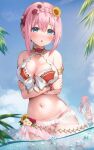  1girl absurdres bangs bare_shoulders bikini blue_eyes blush breasts bushinofuji cleavage collarbone highres large_breasts looking_at_viewer navel open_mouth pink_hair princess_connect! red_bikini short_hair solo swimsuit thighs water wet white_bikini yui_(princess_connect!) 