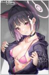  1girl animal_ears bangs bikini black_choker black_hair black_jacket blue_archive blush breasts cat_ears choker cleavage collarbone colored_inner_hair covered_nipples ekakibito grin hair_ornament hairclip halo highres hood hoodie jacket kazusa_(blue_archive) long_sleeves looking_at_viewer medium_breasts multicolored_hair navel open_clothes pink_bikini pink_hair red_eyes short_hair smile solo string_bikini swimsuit swimsuit_under_clothes two-tone_hair upper_body 